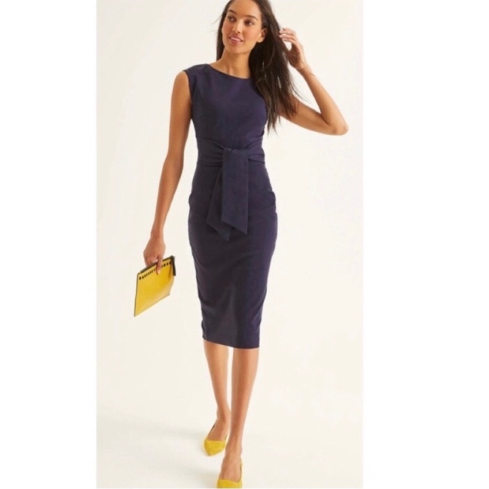 Boden Jessica Ponte Tie Waist Dress in Navy Blue Midi Size 8